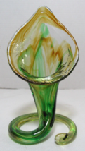 Vtg Handblown Stretch Art Glass Green &amp; Brown Lily Swirl Vase 6-3/4&quot; - $29.99