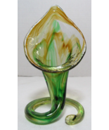 Vtg Handblown Stretch Art Glass Green &amp; Brown Lily Swirl Vase 6-3/4&quot; - $41.01 CAD