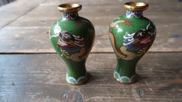 Pair of Antique Dragon Cloisonne Vases 4&quot; Tall - $96.03