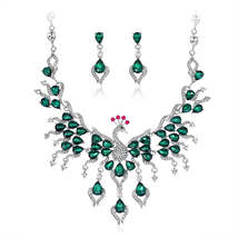 Green Crystal &amp; Cubic Zirconia Peacock Necklace &amp; Drop Earrings - £23.17 GBP