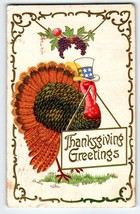 Thanksgiving Postcard Dressed Turkey In Uncle Sam US Hat Holds Sign Fantasy 1908 - £9.20 GBP