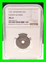 Rare 1941 Faeroe Islands 25 Ore NGC MS61 KM-5 One Year Type - High Grade - $297.00