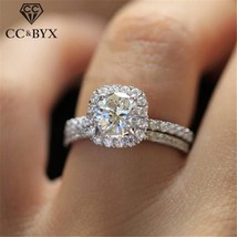 CC Set Rings For Women Couple Double Cubic Zirconia Square Stone Bridal Wedding  - £6.77 GBP