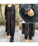 Pakistani Black Frock Style Embroidered Sequins 3pcs Chiffon Dress,X-Large - £69.11 GBP