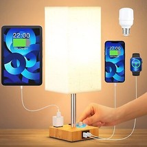  Table Lamp with Solid Wood Bedside Lamp with with Bulb USB C A Po - £45.37 GBP