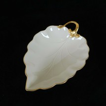 Lenox Woodleaf Collection Gold Trim Leaf Shaped Dish Cream Colored 7.25 in long - $15.48