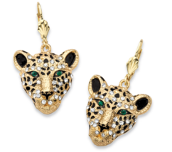 WHITE CRYSTAL LEOPARD FACE DROP EARRINGS WITH GREEN ACCENTS GOLD TONE - $79.99