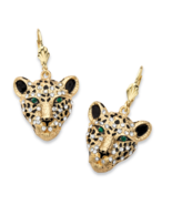 WHITE CRYSTAL LEOPARD FACE DROP EARRINGS WITH GREEN ACCENTS GOLD TONE - £62.57 GBP