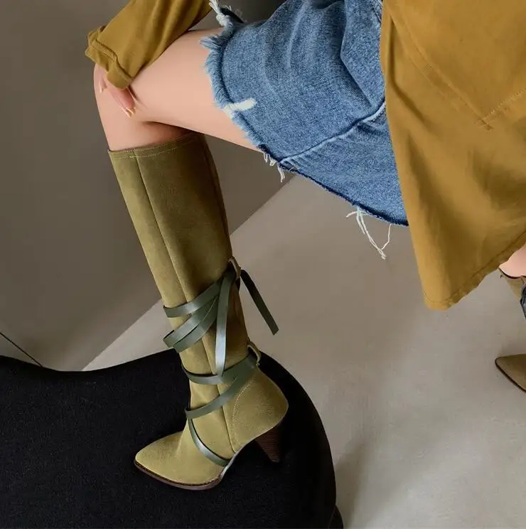 Ion women cow suede leather boots strappy pile boots army green thick heel cowboy boots thumb200