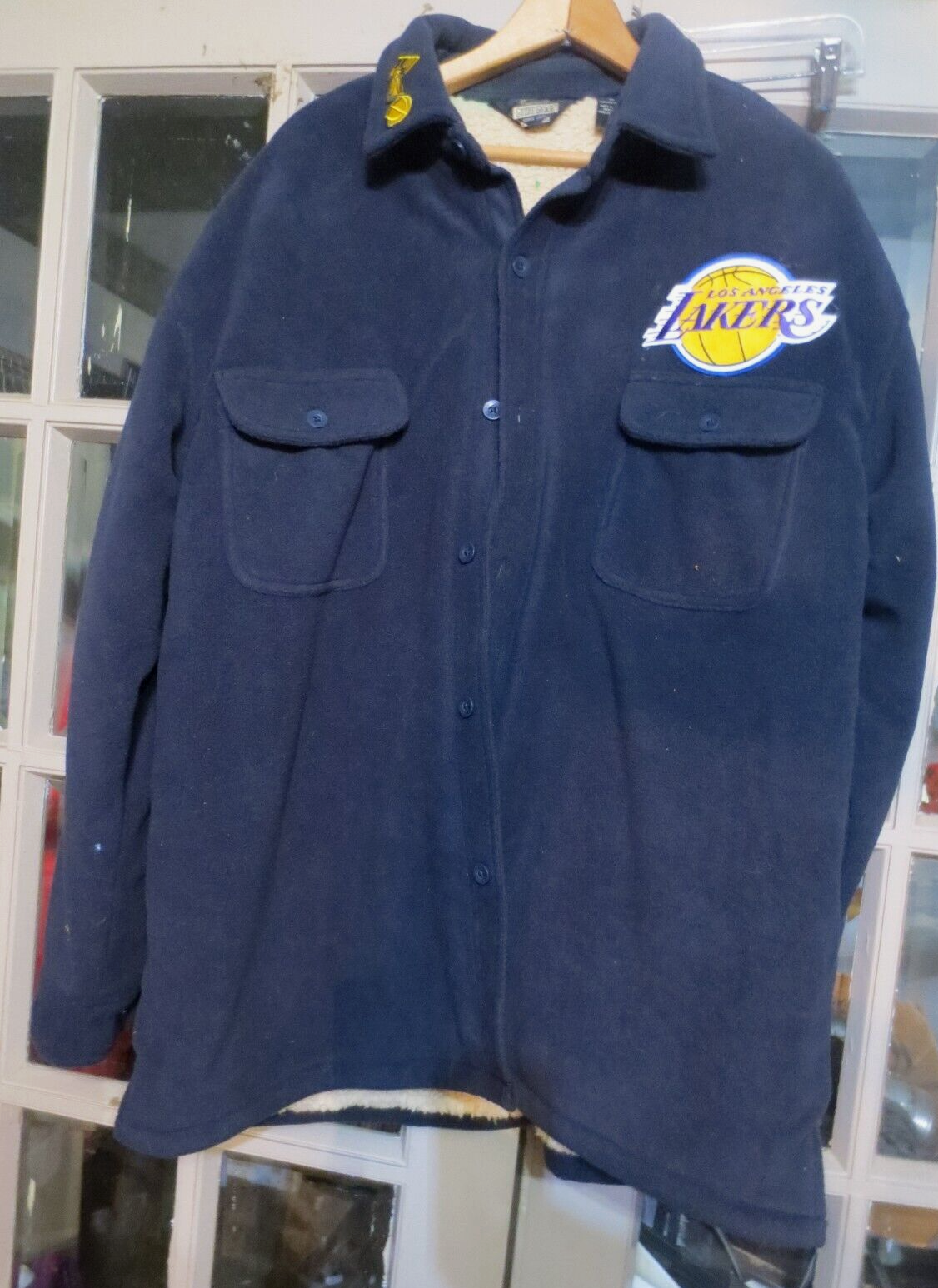 Primary image for Vintage Guide Gear Wool Jacket Sherpa Lined Los Angeles LA Lakers Patches sz XL