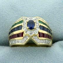 Designer Blue Sapphire, Emerald, Ruby Diamond Wide 14k Yellow Gold Over 2.80Ct - £98.07 GBP