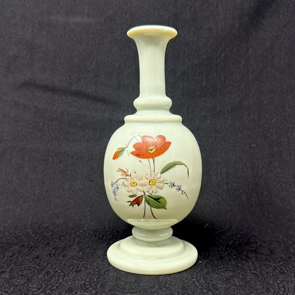 Primary image for Celadon Green Glass Bud Vase Enameled Floral Poppy Spray Vintage 7.75"H