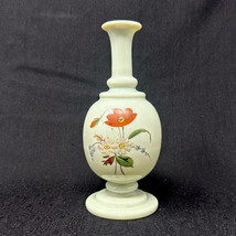Celadon Green Glass Bud Vase Enameled Floral Poppy Spray Vintage 7.75&quot;H - $52.25