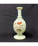 Celadon Green Glass Bud Vase Enameled Floral Poppy Spray Vintage 7.75&quot;H - £41.04 GBP