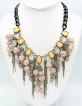 Pink Orange Beaded Silver Tone Chain Fringe Statement Necklace - £17.40 GBP