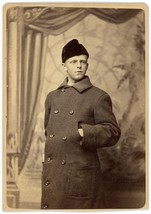 Circa 1880&#39;S Cabinet Card Young Boy Double Breasted Coat Fur Hat Warren Boston - £12.47 GBP