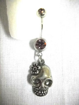 PEWTER SUGAR SKULL CHARM ON 14G DOUBLE LILAC PURPLE CZ BELLY RING NAVEL BAR - £4.74 GBP