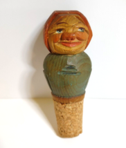 ANRI Bottle Stopper Italy Cork Vintage Wood Barware Green Dress Lady Hand Carved - £17.55 GBP