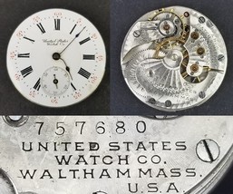 RARE pocket watch movement face hands &quot;United States Watch Co&quot; 15j Walth... - $49.99