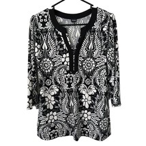 Rafaella Womens Blouse Medium Black White Floral Polyester Spandex Pullover - £7.18 GBP