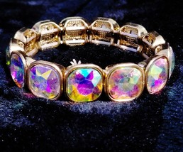 Rhinestone Bracelet Stretch, AB Iridescent Bracelet, Crystal Pageant Prom Jewelr - £30.70 GBP