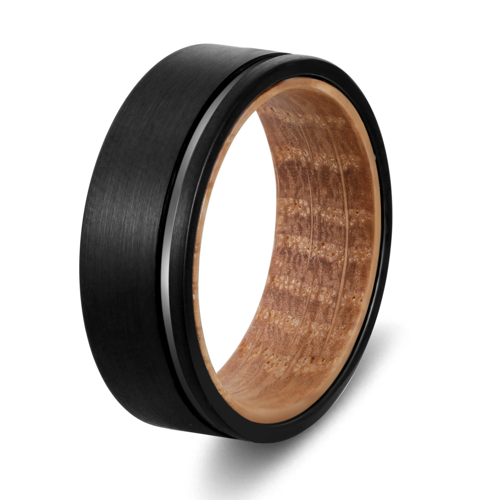 Trendy 8mm Width Black Tungsten Rings Brushed Grooved with Natural Whiskey Barre - £53.94 GBP
