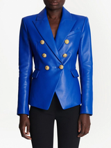 Real Lambskin Leather Genuine Blue Stylish New Button Party Women Classic Blazer - £59.33 GBP+