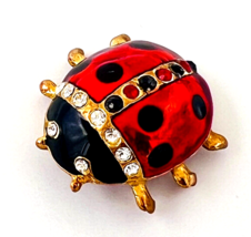 Vintage Red Black Enamel Rhinestone Ladybug Brooch Pin - £18.98 GBP