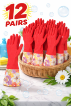 12 Pair  Decorative Flock Lined Latex Dish Washing Gloves with Cuff Mult... - $37.57