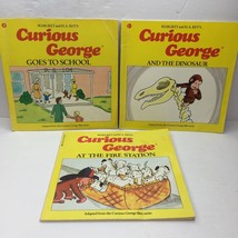 Vintage Lot 3 Books Curious George Goes School Dinosaur Fire Station Margret Rey - £11.96 GBP