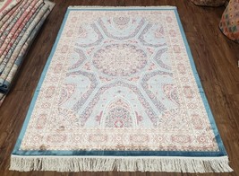4x6 Silk Carpet Light Blue &amp; Beige New Oriental Rug Traditional Bamboo Silk - £738.48 GBP