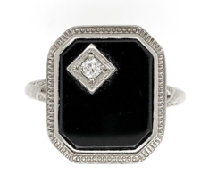 18k Gold Filigree Genuine Natural Black Onyx Ring with Corner Diamond (#J6613) - £427.54 GBP