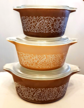 Pyrex Woodland Bake Serve &amp; Store Bowls + Lids Brown Casserole Dish LOT - £55.52 GBP