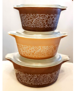 Pyrex Woodland Bake Serve &amp; Store Bowls + Lids Brown Casserole Dish LOT - £55.31 GBP