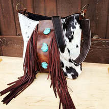Tejas Bucket Handbag Fringe &amp; Turquoise Slabs - £300.34 GBP