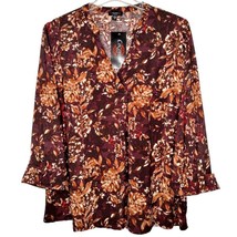 NWT Cocomo Plus Size 1X Maroon Floral Print Pintuck 3/4 Sleeve Blouse Top - £27.96 GBP