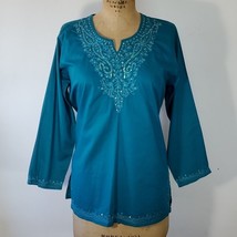 India Teal Beaded Tunic Long Sleeve Sequins Embroidered 100% Cotton Size... - £16.88 GBP