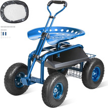 VEVOR Rolling Garden Cart with Seat and Wheels Extendable Steer Handle Blue - $141.54