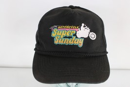 Vtg 80s Distressed Spell Out Motorcycle Super Sunday Roped Snapback Hat Black - £39.40 GBP