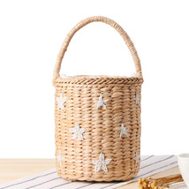Fashion Portable Bucket Woven Bag Totes Embroidery Stars Smile Face pineStraw Ba - £37.67 GBP