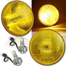 7&quot; H6024/6014 Yellow Stock Glass Headlight w/ H4 6K LED Fog Light Lamp Bulb Pair - £94.87 GBP