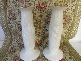 LENOX CHINA PAIR OF TAPER CANDLESTICK HOLDERS 7&quot; TALL FLORAL W/GOLD RIM - £18.45 GBP