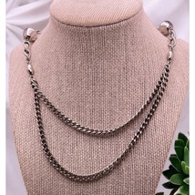 Vintage Silver Tone Layered Chain Link Necklace with Ball Bead Accents - £12.68 GBP