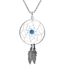 Round Dreamcatcher Blue Turquoise Bead Sterling Silver Necklace - £14.75 GBP