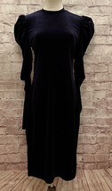 SHEIN Womens Bodycon Midi Dress Dark Blue Stretch Velvet Long Puff Sleeve Size L - £30.21 GBP