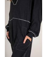 Black Flatlock Seam Detail V Neck Baggy Jumpsuit - $25.30