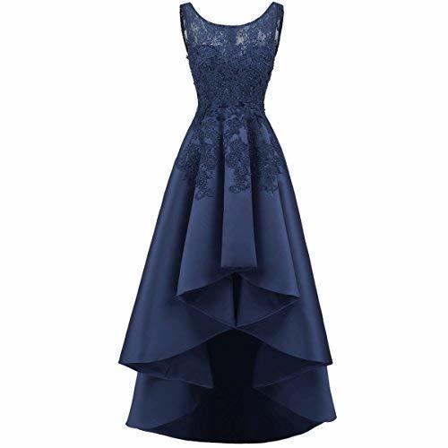 Kivary Illusion Top Beaded Lace High Low Prom Gown Homecoming Dress Navy Blue US