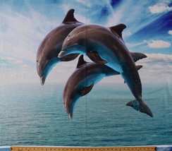 37&quot; X 44&quot; Panel Three Dolphins Jumping Ocean Beach Blue Cotton Fabric D474.49 - £11.76 GBP