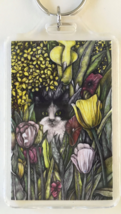 Large Cat Art Keychain - Black &amp; White Cat with Pink/Yellow Flowers - £6.37 GBP