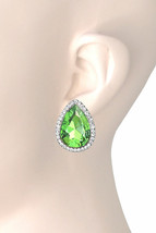 1.25&quot; Long Light Green Classy Teardrop Crystal Clip On Earrings Costume Jewelry - £11.77 GBP